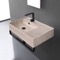 Beige Travertine Design Ceramic Wall Mounted Sink With Black Towel Bar